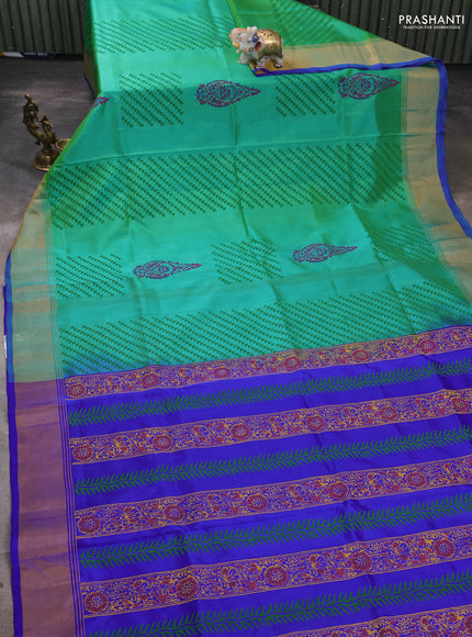 Uppada block printed silk saree green and royal blue with prints and zari woven border
