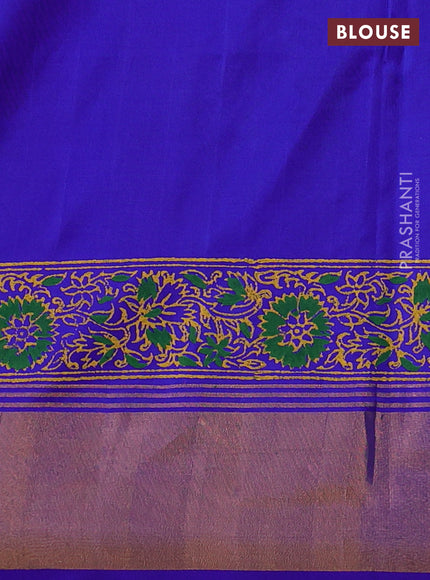 Uppada block printed silk saree green and royal blue with prints and zari woven border