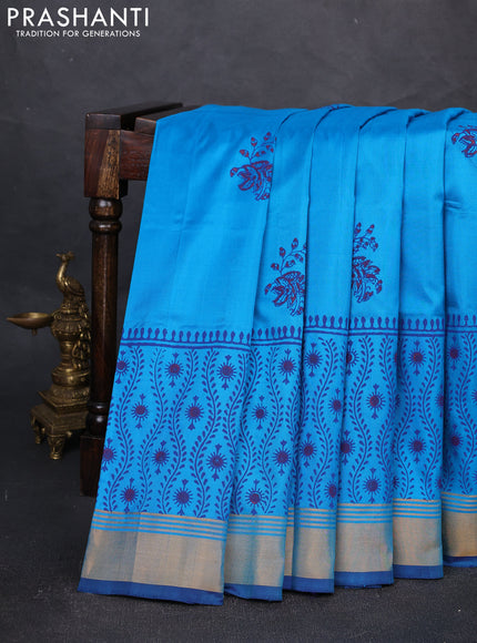 Uppada block printed silk saree cs blue and blue with butta prints and long printed zari woven border