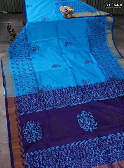 Uppada block printed silk saree cs blue and blue with butta prints and long printed zari woven border