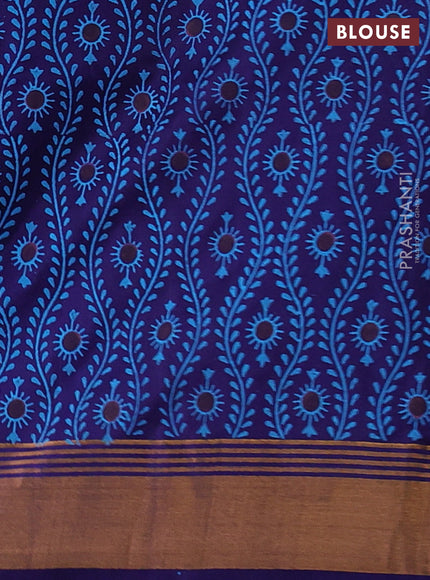 Uppada block printed silk saree cs blue and blue with butta prints and long printed zari woven border