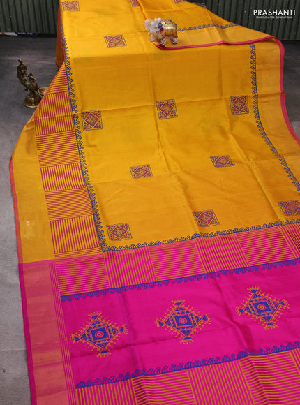 Uppada block printed silk saree mango yellow and pink with butta prints and long printed zari woven border
