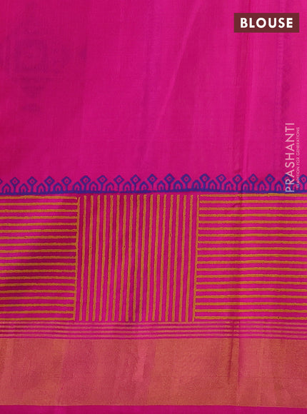 Uppada block printed silk saree mango yellow and pink with butta prints and long printed zari woven border