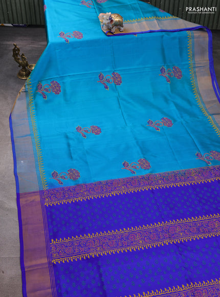 Uppada block printed silk saree dual shade of teal blue and royal blue with floral butta prints and zari woven border