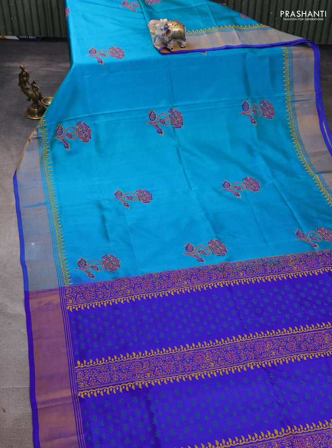 Uppada block printed silk saree dual shade of teal blue and royal blue with floral butta prints and zari woven border