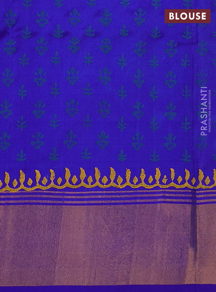 Uppada block printed silk saree dual shade of teal blue and royal blue with floral butta prints and zari woven border