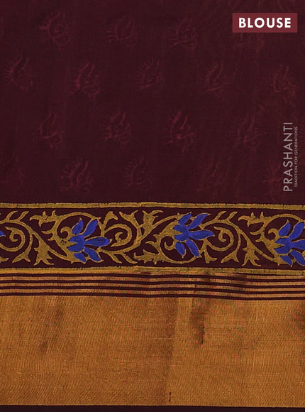Uppada block printed silk saree mustard yellow and coffee brown with peacock butta prints and zari woven border