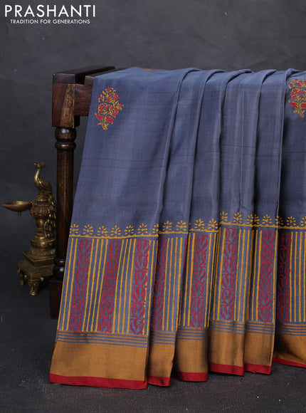 Uppada block printed silk saree grey and red with butta prints and long printed zari woven border
