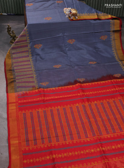 Uppada block printed silk saree grey and red with butta prints and long printed zari woven border