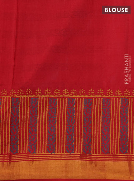 Uppada block printed silk saree grey and red with butta prints and long printed zari woven border