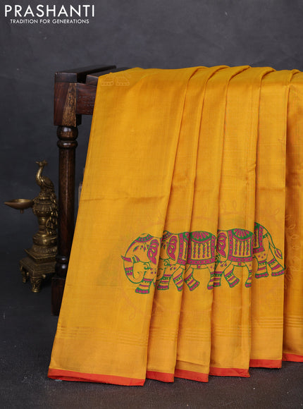 Uppada block printed silk saree yellow and pink with elephant butta prints and zari woven border