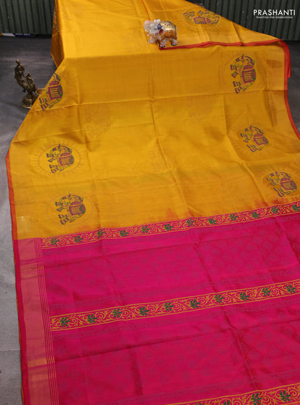 Uppada block printed silk saree yellow and pink with elephant butta prints and zari woven border