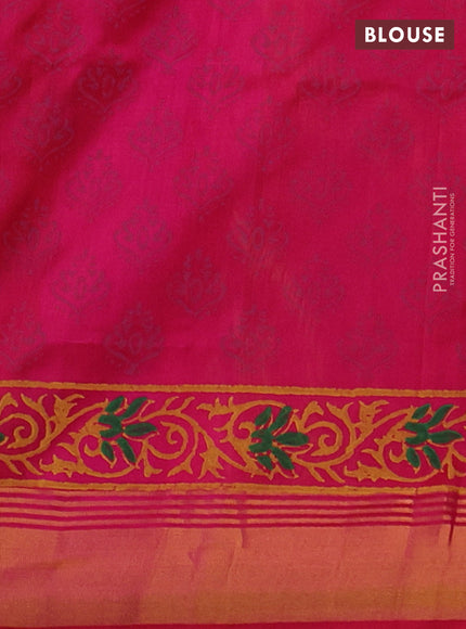 Uppada block printed silk saree yellow and pink with elephant butta prints and zari woven border