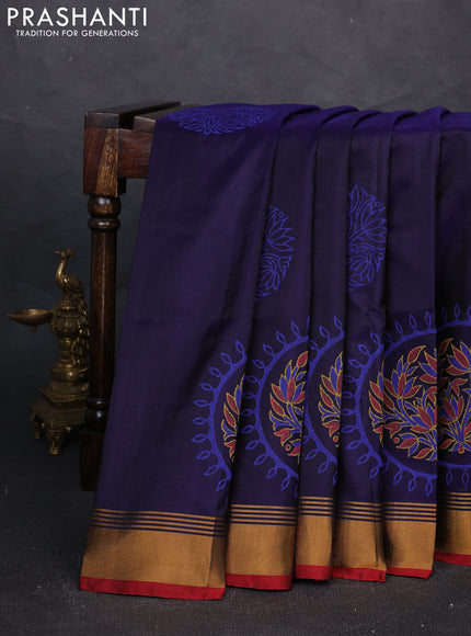 Uppada block printed silk saree dark blue and reddish orange with butta prints and zari woven border