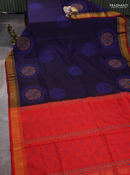 Uppada block printed silk saree dark blue and reddish orange with butta prints and zari woven border