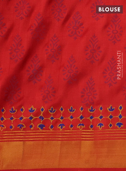 Uppada block printed silk saree dark blue and reddish orange with butta prints and zari woven border