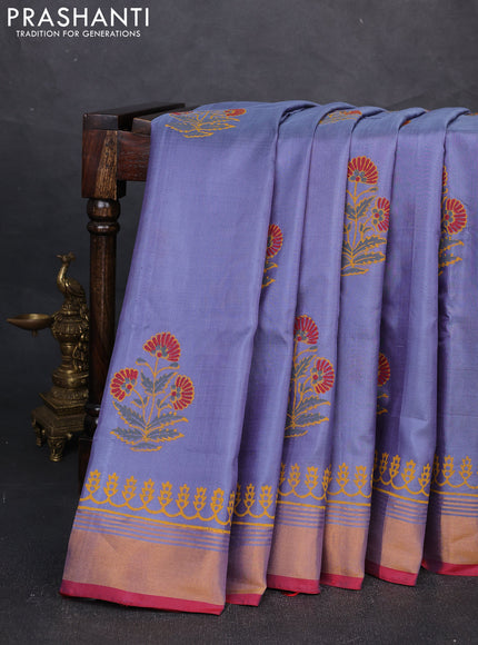 Uppada block printed silk saree grey and reddish orange with butta prints and zari woven border