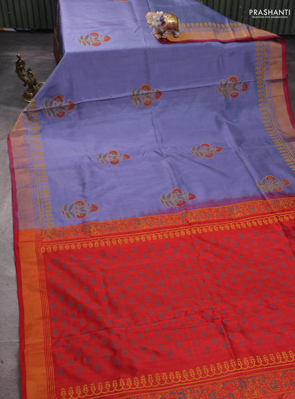Uppada block printed silk saree grey and reddish orange with butta prints and zari woven border