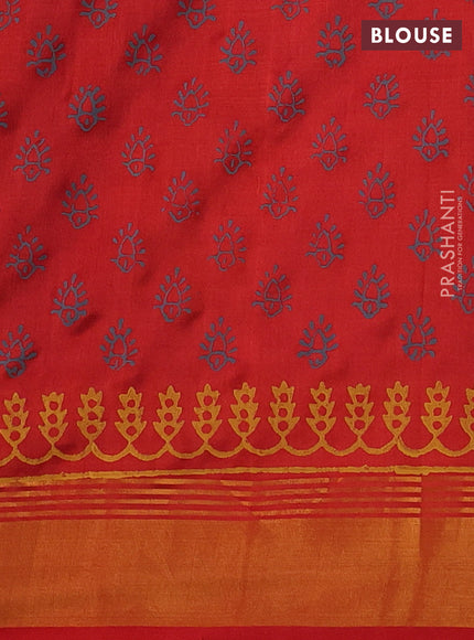 Uppada block printed silk saree grey and reddish orange with butta prints and zari woven border