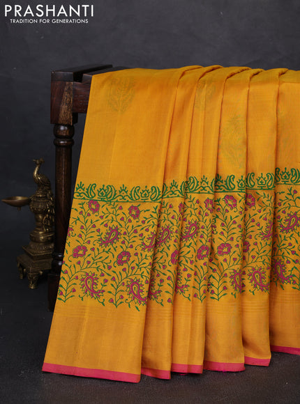 Uppada block printed silk saree yellow and pink with butta prints and long printed zari woven border