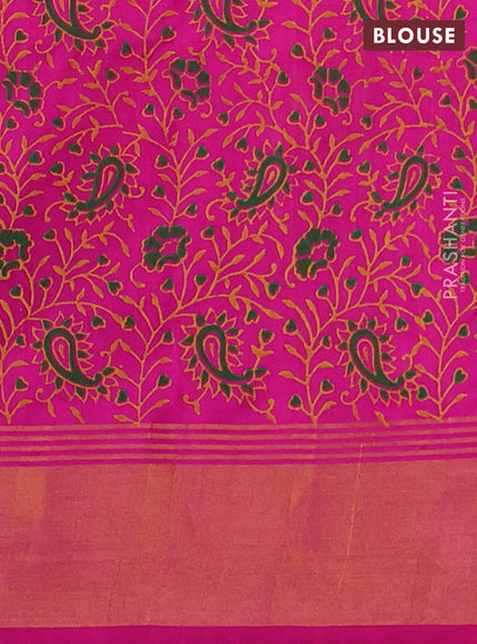 Uppada block printed silk saree yellow and pink with butta prints and long printed zari woven border
