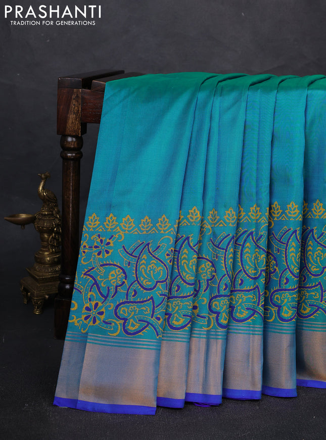 Uppada block printed silk saree teal blue and royal blue with butta prints and long printed zari woven border
