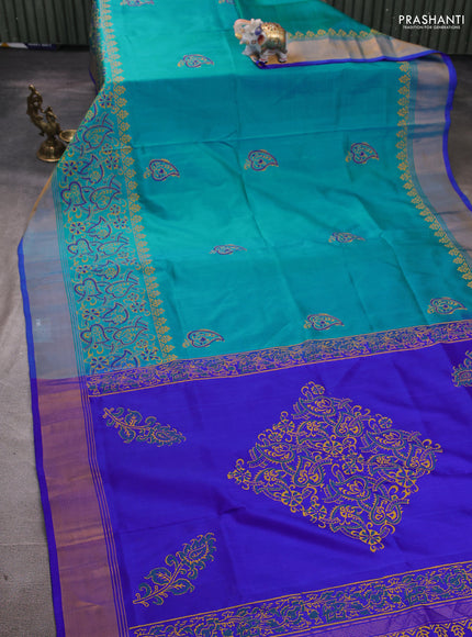 Uppada block printed silk saree teal blue and royal blue with butta prints and long printed zari woven border