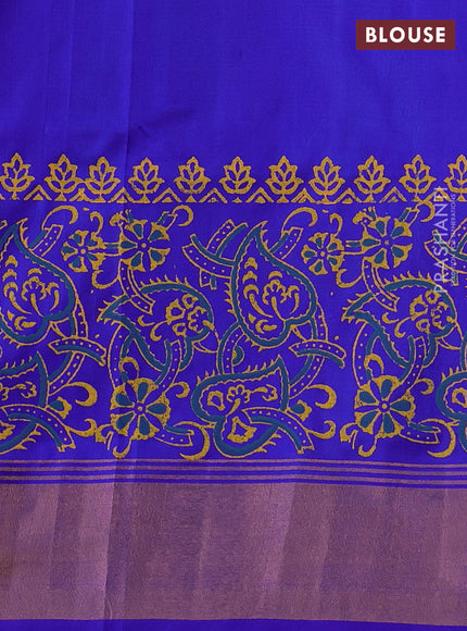 Uppada block printed silk saree teal blue and royal blue with butta prints and long printed zari woven border