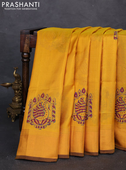 Uppada block printed silk saree mustard yellow and coffee brown with butta prints and zari woven border