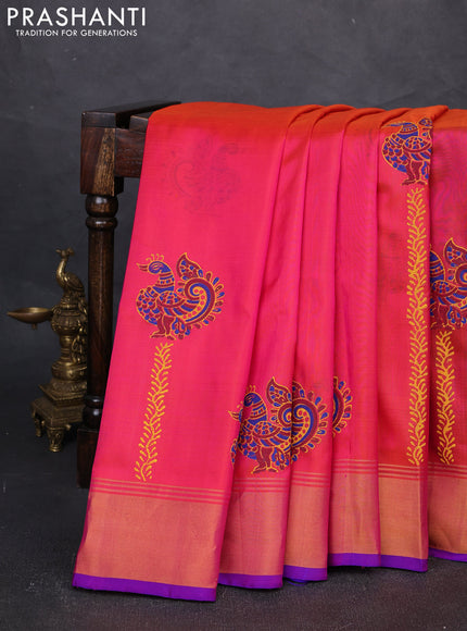 Uppada block printed silk saree dual shade of pinkish orange with butta prints and zari woven border