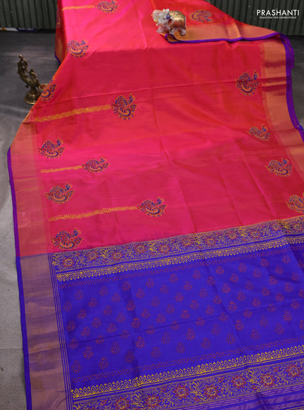 Uppada block printed silk saree dual shade of pinkish orange with butta prints and zari woven border