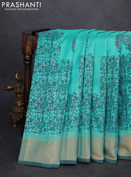 Uppada block printed silk saree teal blue and coffee brown with butta prints and zari woven border
