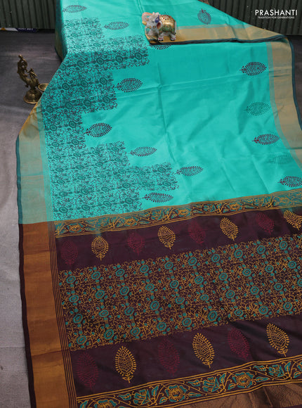 Uppada block printed silk saree teal blue and coffee brown with butta prints and zari woven border
