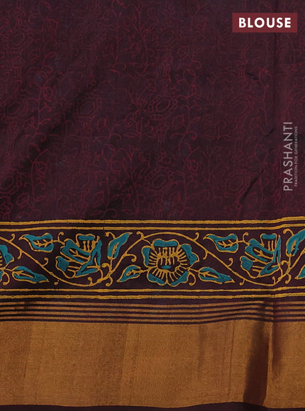 Uppada block printed silk saree teal blue and coffee brown with butta prints and zari woven border