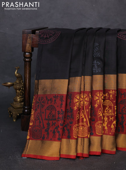 Uppada block printed silk saree black and maroon with warli prints and long zari woven printed border