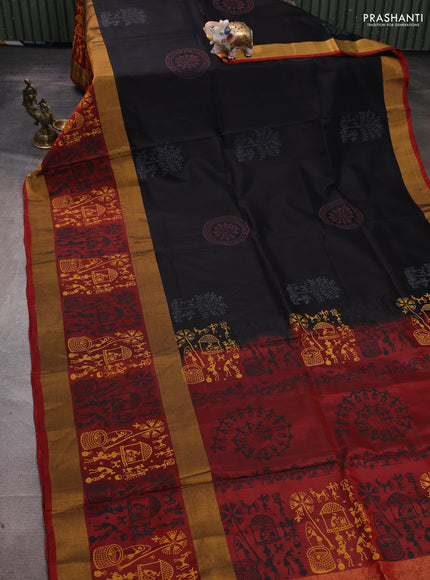 Uppada block printed silk saree black and maroon with warli prints and long zari woven printed border
