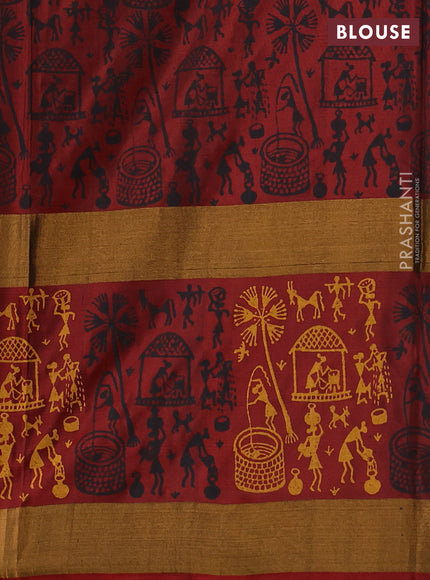Uppada block printed silk saree black and maroon with warli prints and long zari woven printed border