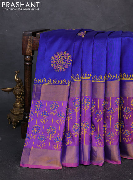 Uppada block printed silk saree blue and lavender with butta prints and long printed zari woven border