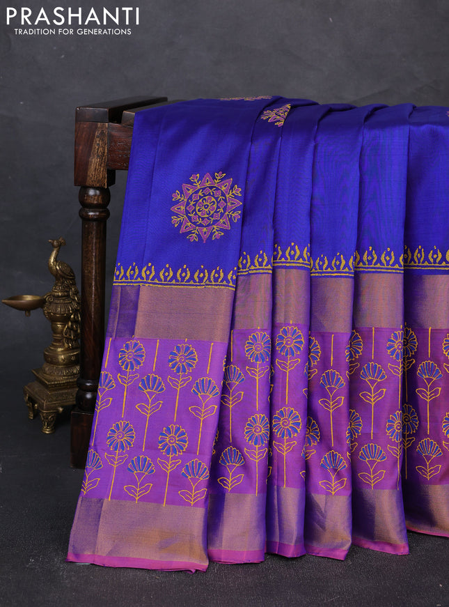 Uppada block printed silk saree blue and lavender with butta prints and long printed zari woven border