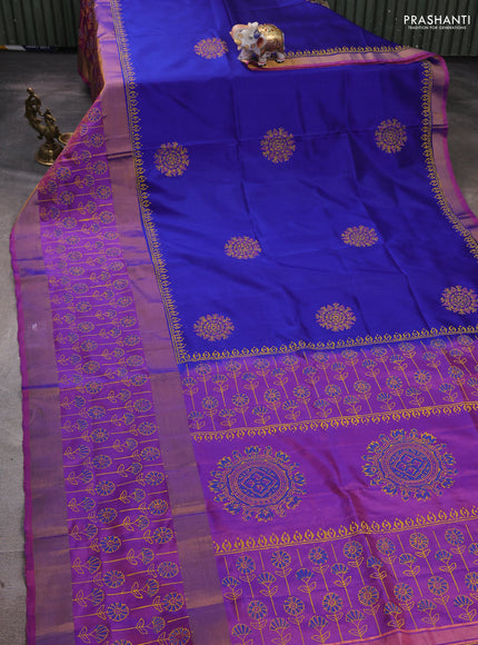 Uppada block printed silk saree blue and lavender with butta prints and long printed zari woven border
