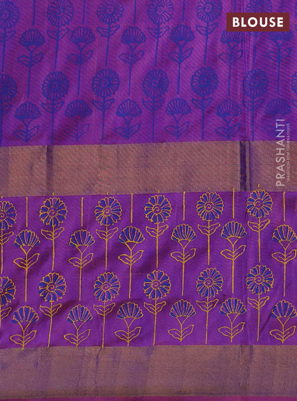 Uppada block printed silk saree blue and lavender with butta prints and long printed zari woven border