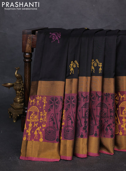 Uppada block printed silk saree black and mauve pink with butta prints and long printed zari woven border