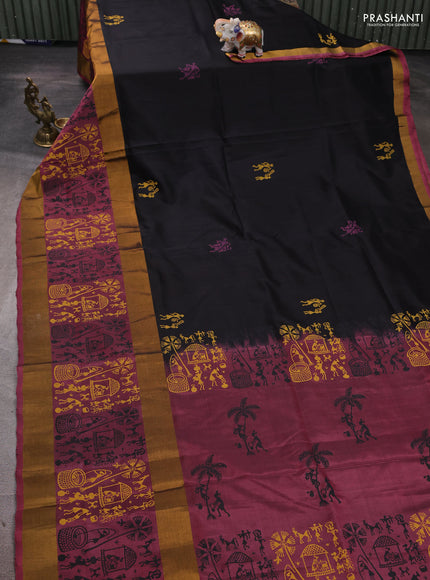 Uppada block printed silk saree black and mauve pink with butta prints and long printed zari woven border