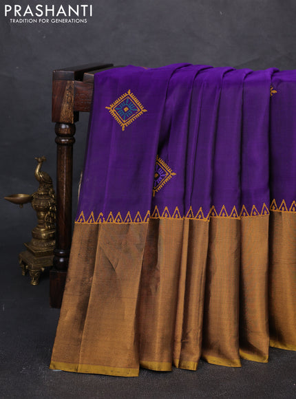 Uppada block printed silk saree violet and mustard yellow with geometric butta prints and long zari woven border