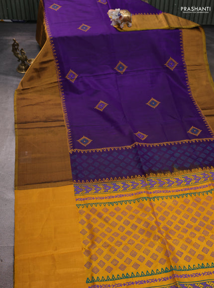 Uppada block printed silk saree violet and mustard yellow with geometric butta prints and long zari woven border