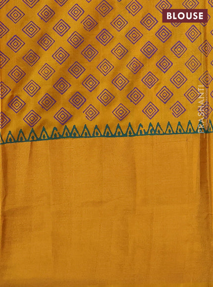Uppada block printed silk saree violet and mustard yellow with geometric butta prints and long zari woven border