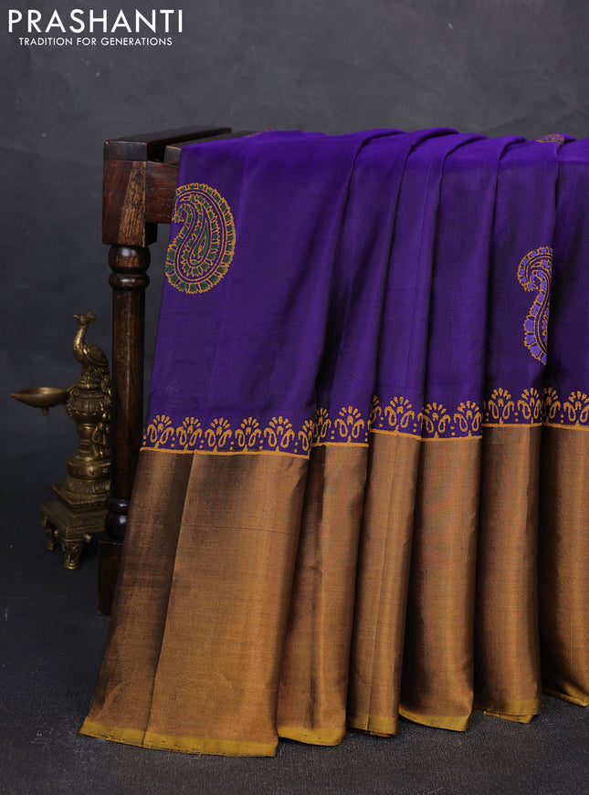 Uppada block printed silk saree violet and mustard yellow with butta prints and long zari woven border