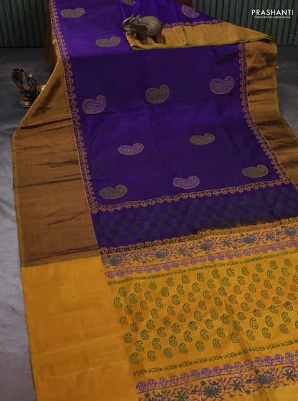 Uppada block printed silk saree violet and mustard yellow with butta prints and long zari woven border