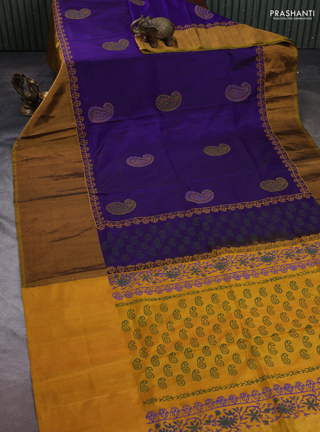 Uppada block printed silk saree violet and mustard yellow with butta prints and long zari woven border