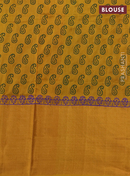 Uppada block printed silk saree violet and mustard yellow with butta prints and long zari woven border